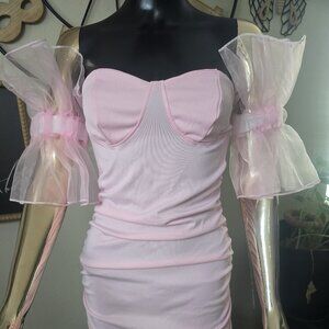 🎀Pink Puff-Sleeve Tea Dress | Ruched Back | Size Small